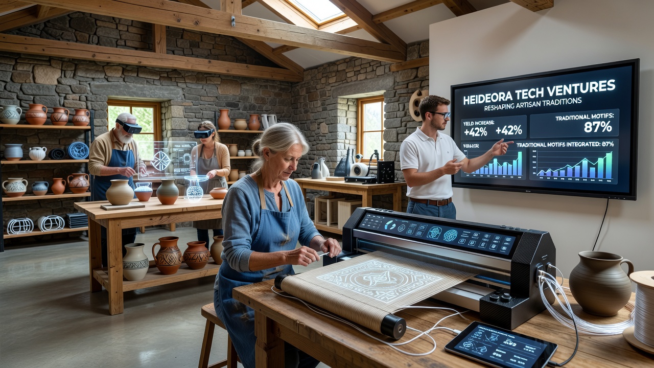 Artisan using digital design tools alongside traditional weaving equipment